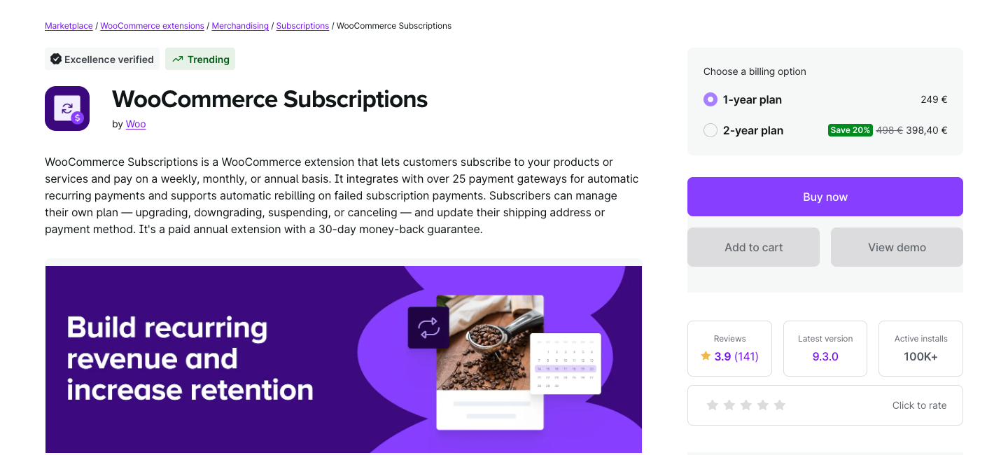 Page officielle WooCommerce Subscriptions : offre annuelle affichée à 249 euros dans cette session